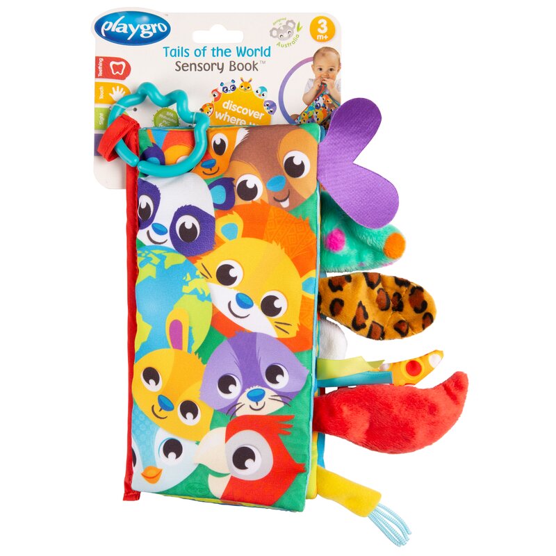 Carticica din plus, Playgro, In forma de carte, Include clema de atasare la carucior, Cu inel pentru dentitie, Cu texturi si culori, 3 luni+, Tails of the World Sensory Book - gogobaby.ro