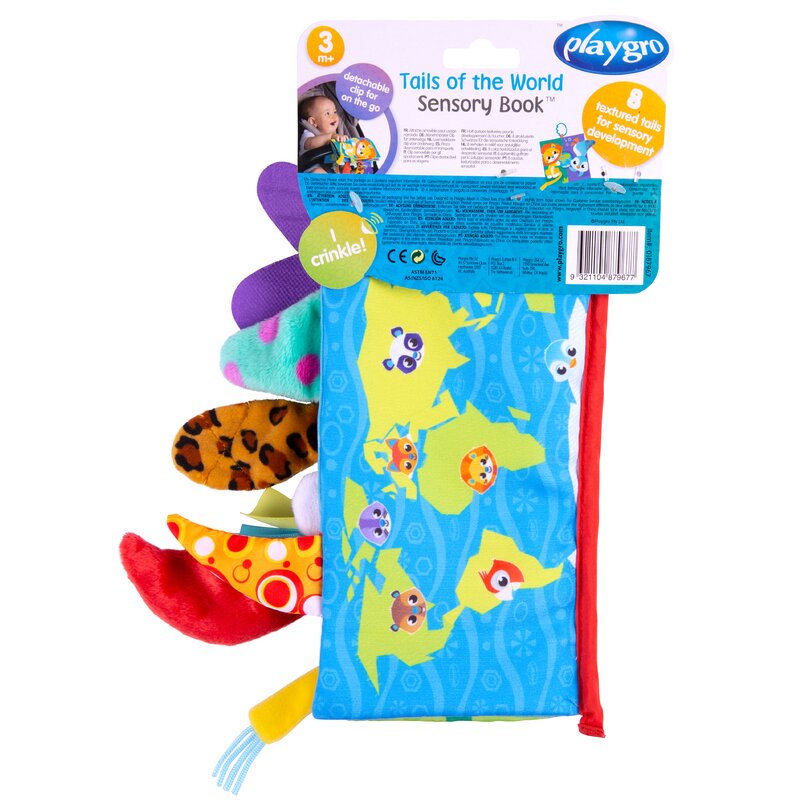 Carticica din plus, Playgro, In forma de carte, Include clema de atasare la carucior, Cu inel pentru dentitie, Cu texturi si culori, 3 luni+, Tails of the World Sensory Book - gogobaby.ro