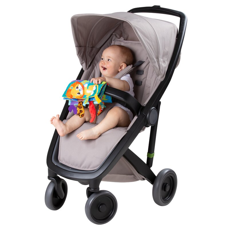 Carticica din plus, Playgro, In forma de carte, Include clema de atasare la carucior, Cu inel pentru dentitie, Cu texturi si culori, 3 luni+, Tails of the World Sensory Book - gogobaby.ro