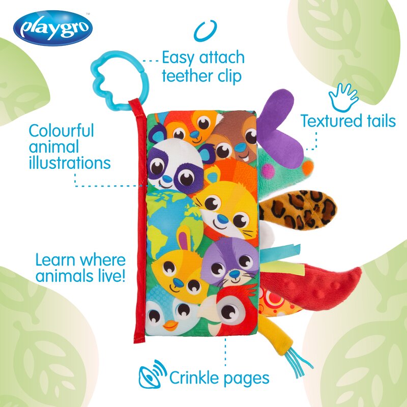 Carticica din plus, Playgro, In forma de carte, Include clema de atasare la carucior, Cu inel pentru dentitie, Cu texturi si culori, 3 luni+, Tails of the World Sensory Book - gogobaby.ro