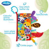 Carticica din plus, Playgro, In forma de carte, Include clema de atasare la carucior, Cu inel pentru dentitie, Cu texturi si culori, 3 luni+, Tails of the World Sensory Book
