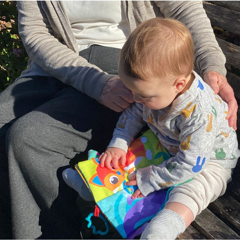 Carticica din plus, Playgro, In forma de carte, Include clema de atasare la carucior, Cu inel pentru dentitie, Cu texturi si culori, 3 luni+, Tails of the World Sensory Book - gogobaby.ro