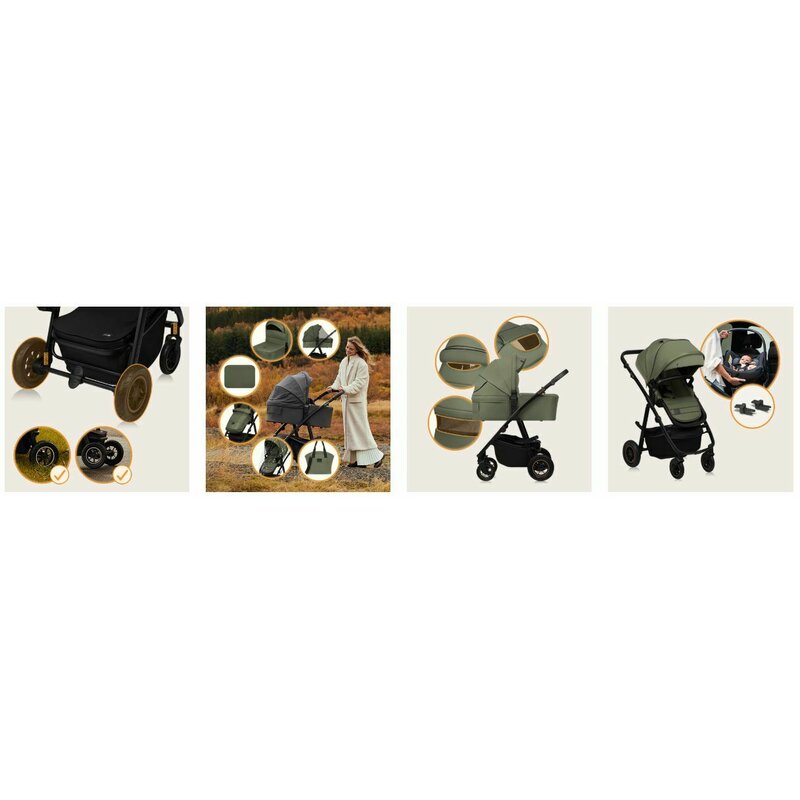 Carucior 2 in 1, Lionelo, Amber Plus, Cadru aluminiu, Cu landou intarit si salteluta moale, Reversibil, Maner ajustabil, Cu accesorii, Cu ventilatie panoramica 3D, Pana la 22 kg, EN1888-1, EN1888-2, EN1466, Verde