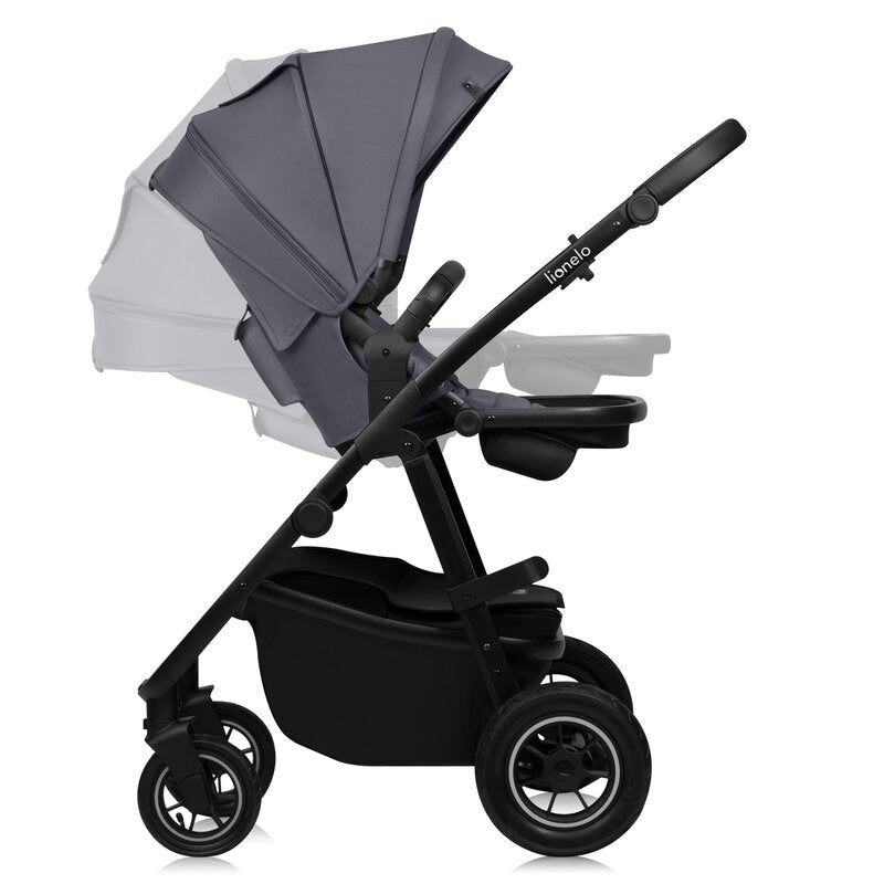 Carucior 2 in 1, Lionelo, Amber Plus, Cadru aluminiu, Cu landou intarit si salteluta moale, Reversibil, Maner ajustabil, Cu accesorii, Cu ventilatie panoramica 3D, Pana la 22 kg, EN1888-1, EN1888-2, EN1466, Gri inchis