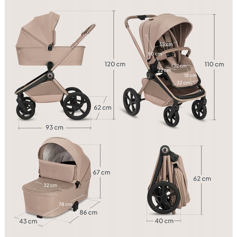 Carucior 2 in 1, Lionelo, Freya, Landou si salteluta ventilate, Pliabil, Reglare spatar-3 pozitii, Suport de picioare-4 pozitii, Maner reglabil-3 pozitii, Adaptori inclusi compatibili cu Cybex, Maxi-Cosi, Kiddy, Avionaut, Sustine 22 kg, 0luni+, Bej