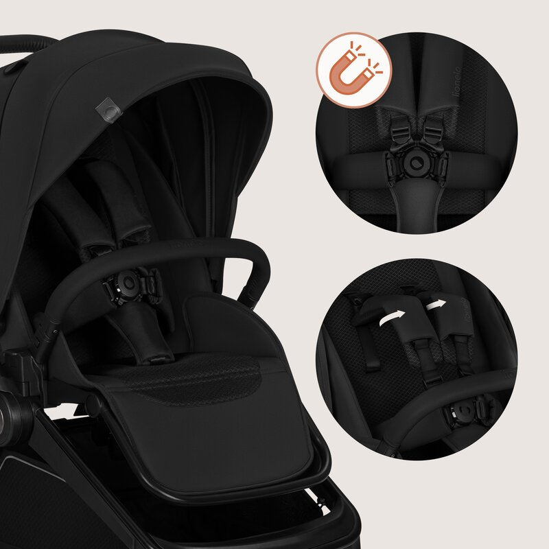 Carucior 2 in 1, Lionelo, Freya, Landou si salteluta ventilate, Pliabil, Reglare spatar-3 pozitii, Suport de picioare-4 pozitii, Maner reglabil-3 pozitii, Adaptori inclusi compatibili cu Cybex, Maxi-Cosi, Kiddy, Avionaut, Sustine 22 kg, 0luni+, Negru