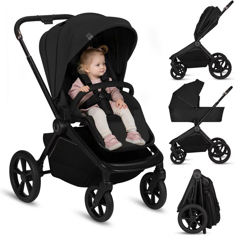 Carucior 2 in 1, Lionelo, Freya, Landou si salteluta ventilate, Pliabil, Reglare spatar-3 pozitii, Suport de picioare-4 pozitii, Maner reglabil-3 pozitii, Adaptori inclusi compatibili cu Cybex, Maxi-Cosi, Kiddy, Avionaut, Sustine 22 kg, 0luni+, Negru