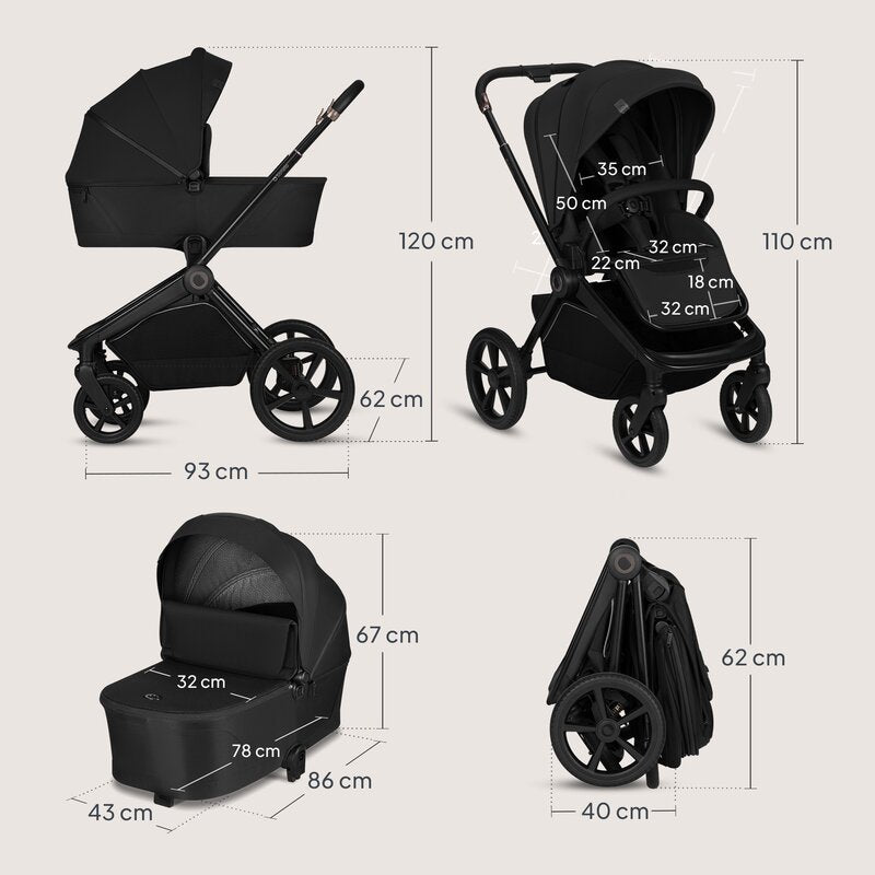 Carucior 2 in 1, Lionelo, Freya, Landou si salteluta ventilate, Pliabil, Reglare spatar-3 pozitii, Suport de picioare-4 pozitii, Maner reglabil-3 pozitii, Adaptori inclusi compatibili cu Cybex, Maxi-Cosi, Kiddy, Avionaut, Sustine 22 kg, 0luni+, Negru