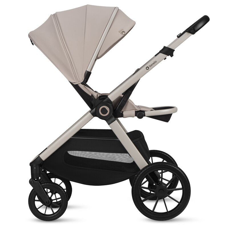 Carucior 2 in 1, Lionelo, Layla, Pana la 22 kg, Cadru aluminiu, Cu landou intarit si salteluta din spuma AirDots, Reversibil, Cu ventilatie 3D, Cu accesorii, EN1888-1, EN1888-2, EN1466, Bej