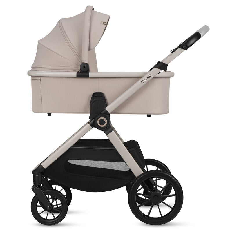 Carucior 2 in 1, Lionelo, Layla, Pana la 22 kg, Cadru aluminiu, Cu landou intarit si salteluta din spuma AirDots, Reversibil, Cu ventilatie 3D, Cu accesorii, EN1888-1, EN1888-2, EN1466, Bej