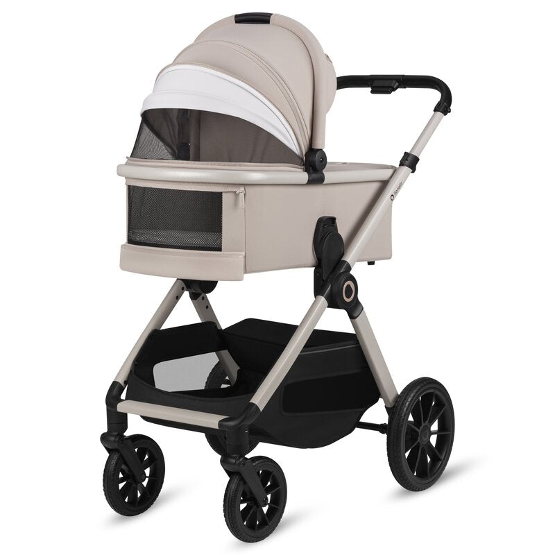 Carucior 2 in 1, Lionelo, Layla, Pana la 22 kg, Cadru aluminiu, Cu landou intarit si salteluta din spuma AirDots, Reversibil, Cu ventilatie 3D, Cu accesorii, EN1888-1, EN1888-2, EN1466, Bej