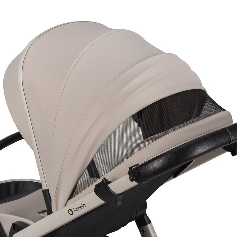 Carucior 2 in 1, Lionelo, Layla, Pana la 22 kg, Cadru aluminiu, Cu landou intarit si salteluta din spuma AirDots, Reversibil, Cu ventilatie 3D, Cu accesorii, EN1888-1, EN1888-2, EN1466, Bej