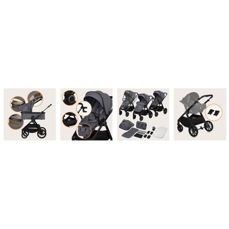 Carucior 2 in 1, Lionelo, Layla, Pana la 22 kg, Cadru aluminiu, Cu landou intarit si salteluta din spuma AirDots, Reversibil, Cu ventilatie 3D, Cu accesorii, EN1888-1, EN1888-2, EN1466, Gri