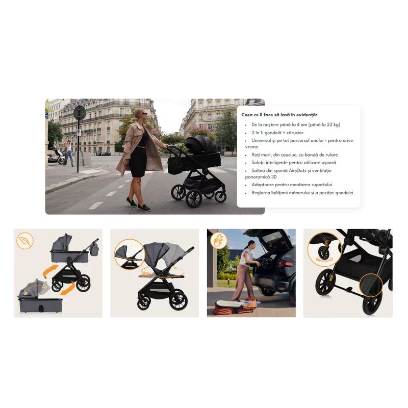 Carucior 2 in 1, Lionelo, Layla, Pana la 22 kg, Cadru aluminiu, Cu landou intarit si salteluta din spuma AirDots, Reversibil, Cu ventilatie 3D, Cu accesorii, EN1888-1, EN1888-2, EN1466, Gri