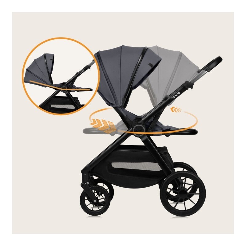 Carucior 2 in 1, Lionelo, Layla, Pana la 22 kg, Cadru aluminiu, Cu landou intarit si salteluta din spuma AirDots, Reversibil, Cu ventilatie 3D, Cu accesorii, EN1888-1, EN1888-2, EN1466, Gri
