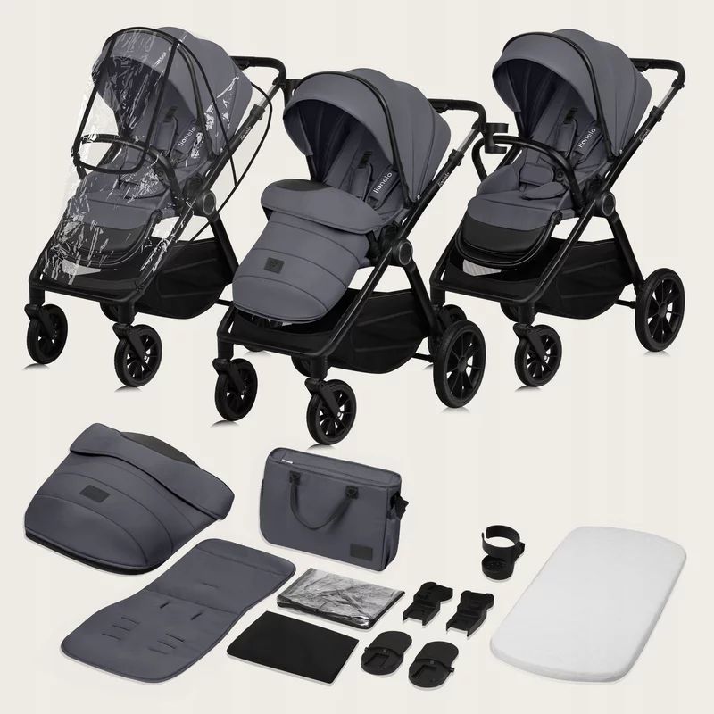 Carucior 2 in 1, Lionelo, Layla, Pana la 22 kg, Cadru aluminiu, Cu landou intarit si salteluta din spuma AirDots, Reversibil, Cu ventilatie 3D, Cu accesorii, EN1888-1, EN1888-2, EN1466, Gri
