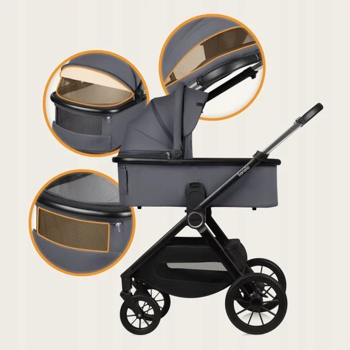 Carucior 2 in 1, Lionelo, Layla, Pana la 22 kg, Cadru aluminiu, Cu landou intarit si salteluta din spuma AirDots, Reversibil, Cu ventilatie 3D, Cu accesorii, EN1888-1, EN1888-2, EN1466, Gri