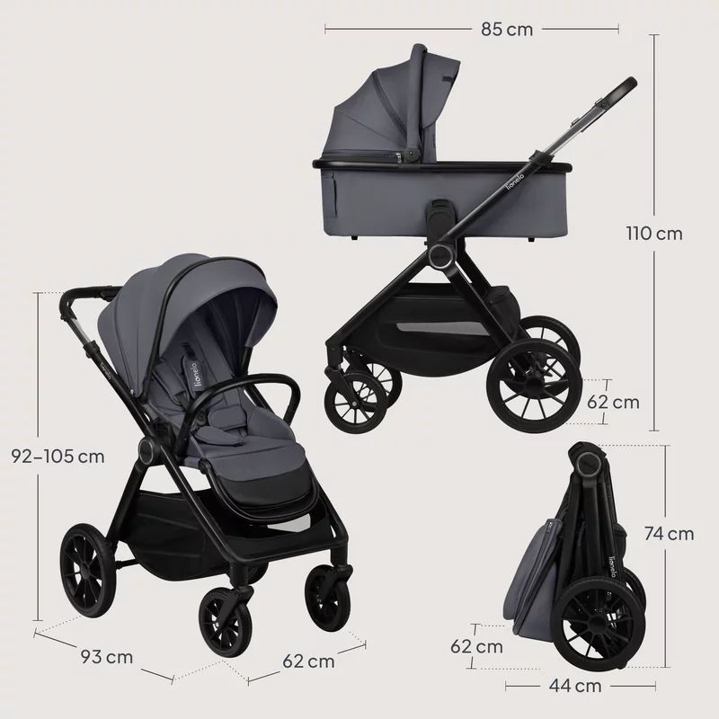 Carucior 2 in 1, Lionelo, Layla, Pana la 22 kg, Cadru aluminiu, Cu landou intarit si salteluta din spuma AirDots, Reversibil, Cu ventilatie 3D, Cu accesorii, EN1888-1, EN1888-2, EN1466, Gri
