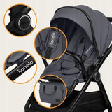 Carucior 2 in 1, Lionelo, Layla, Pana la 22 kg, Cadru aluminiu, Cu landou intarit si salteluta din spuma AirDots, Reversibil, Cu ventilatie 3D, Cu accesorii, EN1888-1, EN1888-2, EN1466, Gri