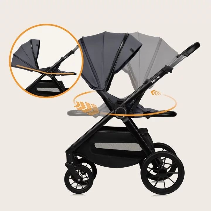 Carucior 2 in 1, Lionelo, Layla, Pana la 22 kg, Cadru aluminiu, Cu landou intarit si salteluta din spuma AirDots, Reversibil, Cu ventilatie 3D, Cu accesorii, EN1888-1, EN1888-2, EN1466, Gri