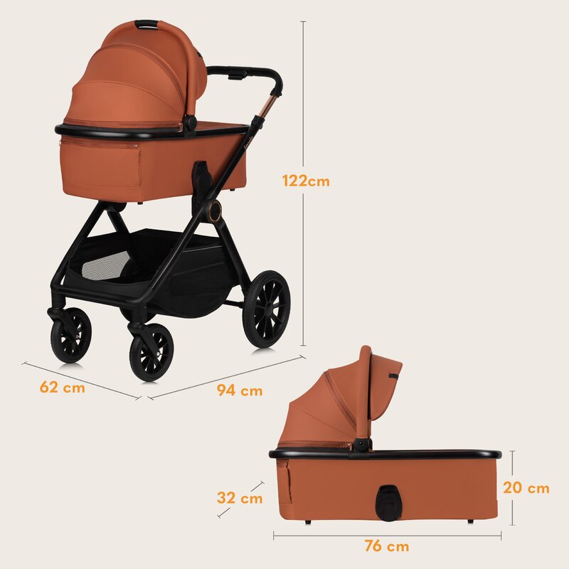 Carucior 2 in 1, Lionelo, Layla, Pana la 22 kg, Cadru aluminiu, Cu landou intarit si salteluta din spuma AirDots, Reversibil, Cu ventilatie 3D, Cu accesorii, EN1888-1, EN1888-2, EN1466, Maro