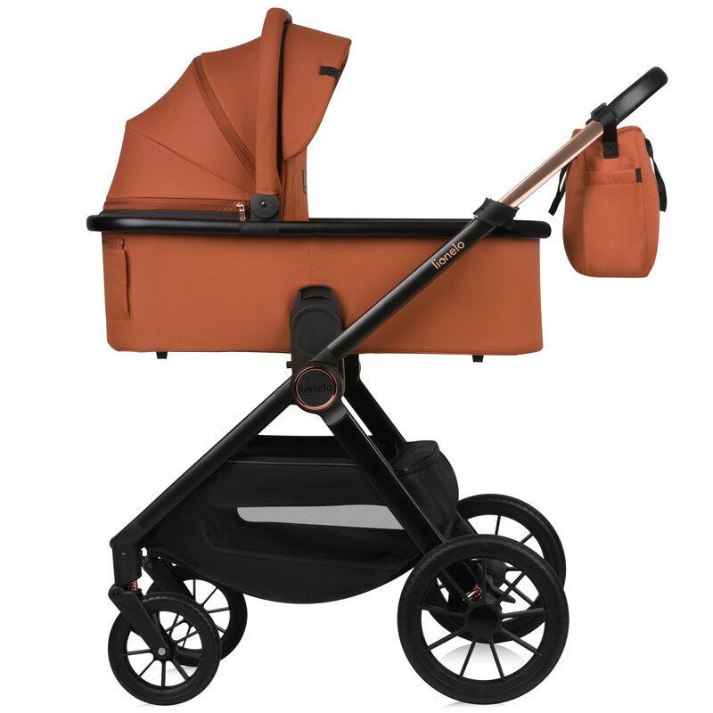 Carucior 2 in 1, Lionelo, Layla, Pana la 22 kg, Cadru aluminiu, Cu landou intarit si salteluta din spuma AirDots, Reversibil, Cu ventilatie 3D, Cu accesorii, EN1888-1, EN1888-2, EN1466, Maro
