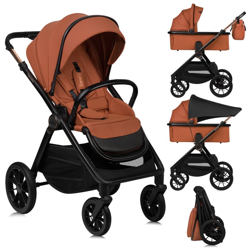 Carucior 2 in 1, Lionelo, Layla, Pana la 22 kg, Cadru aluminiu, Cu landou intarit si salteluta din spuma AirDots, Reversibil, Cu ventilatie 3D, Cu accesorii, EN1888-1, EN1888-2, EN1466, Maro