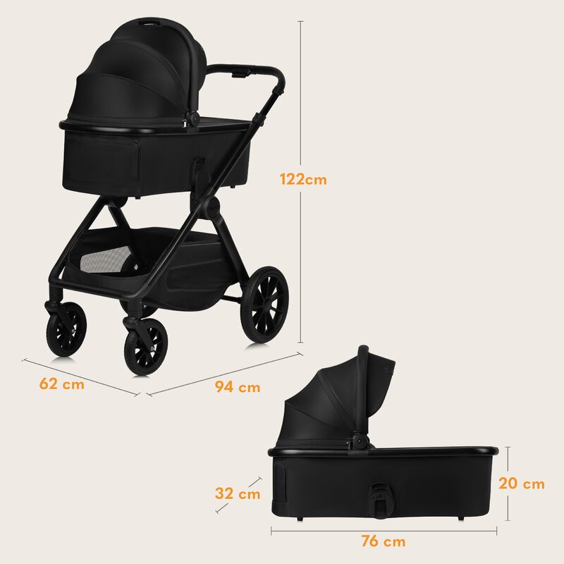 Carucior 2 in 1, Lionelo, Layla, Pana la 22 kg, Cadru aluminiu, Cu landou intarit si salteluta din spuma AirDots, Reversibil, Cu ventilatie 3D, Cu accesorii, EN1888-1, EN1888-2, EN1466, Negru - gogobaby.ro