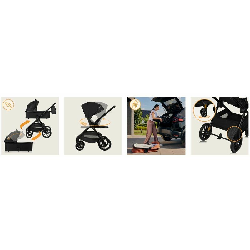 Carucior 2 in 1, Lionelo, Layla, Pana la 22 kg, Cadru aluminiu, Cu landou intarit si salteluta din spuma AirDots, Reversibil, Cu ventilatie 3D, Cu accesorii, EN1888-1, EN1888-2, EN1466, Negru