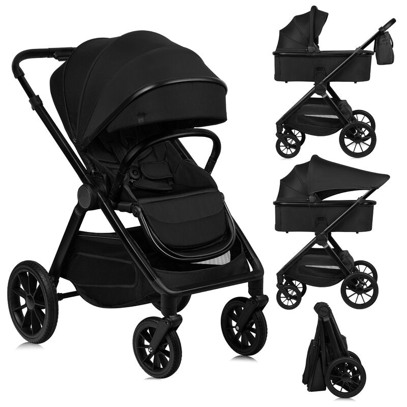 Carucior 2 in 1, Lionelo, Layla, Pana la 22 kg, Cadru aluminiu, Cu landou intarit si salteluta din spuma AirDots, Reversibil, Cu ventilatie 3D, Cu accesorii, EN1888-1, EN1888-2, EN1466, Negru
