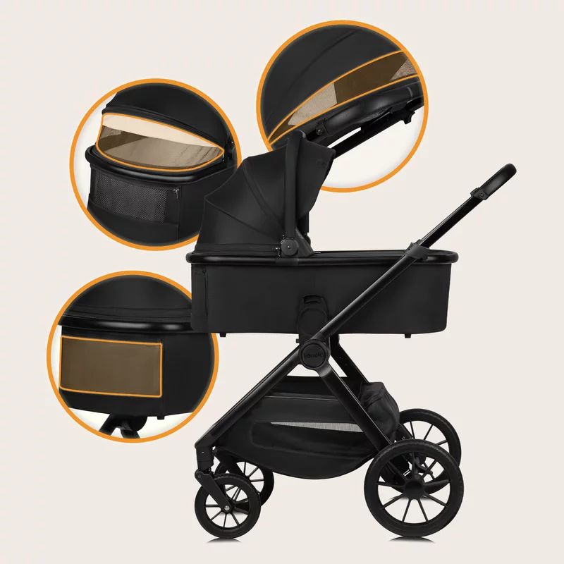 Carucior 2 in 1, Lionelo, Layla, Pana la 22 kg, Cadru aluminiu, Cu landou intarit si salteluta din spuma AirDots, Reversibil, Cu ventilatie 3D, Cu accesorii, EN1888-1, EN1888-2, EN1466, Negru