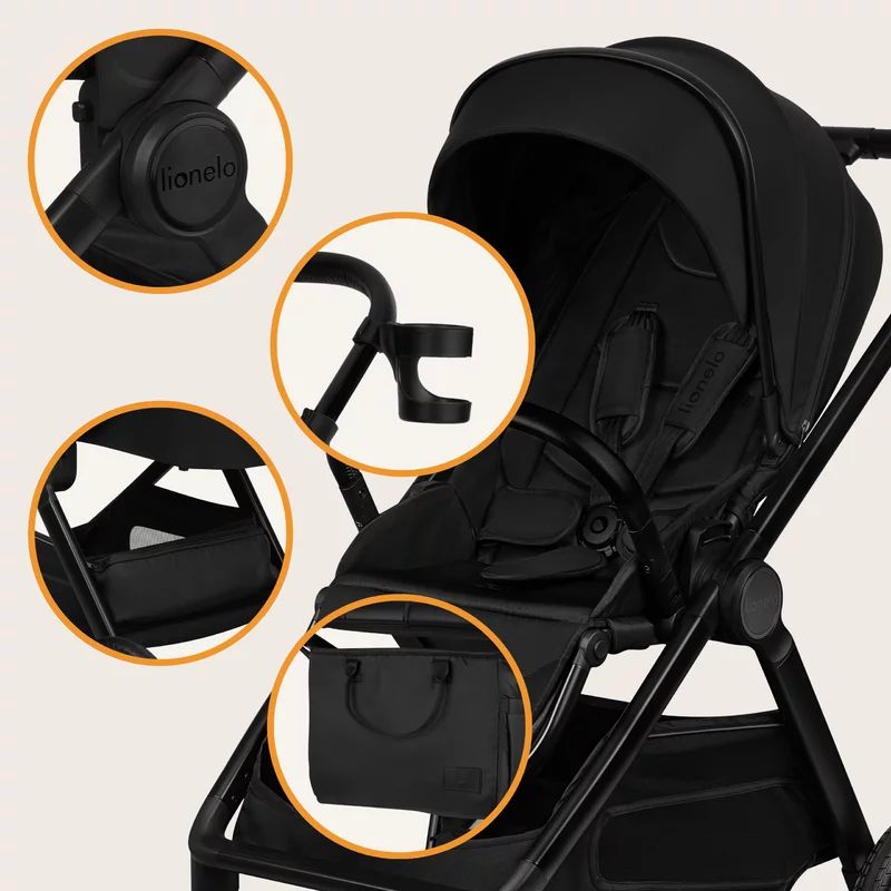 Carucior 2 in 1, Lionelo, Layla, Pana la 22 kg, Cadru aluminiu, Cu landou intarit si salteluta din spuma AirDots, Reversibil, Cu ventilatie 3D, Cu accesorii, EN1888-1, EN1888-2, EN1466, Negru