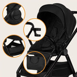 Carucior 2 in 1, Lionelo, Layla, Pana la 22 kg, Cadru aluminiu, Cu landou intarit si salteluta din spuma AirDots, Reversibil, Cu ventilatie 3D, Cu accesorii, EN1888-1, EN1888-2, EN1466, Negru