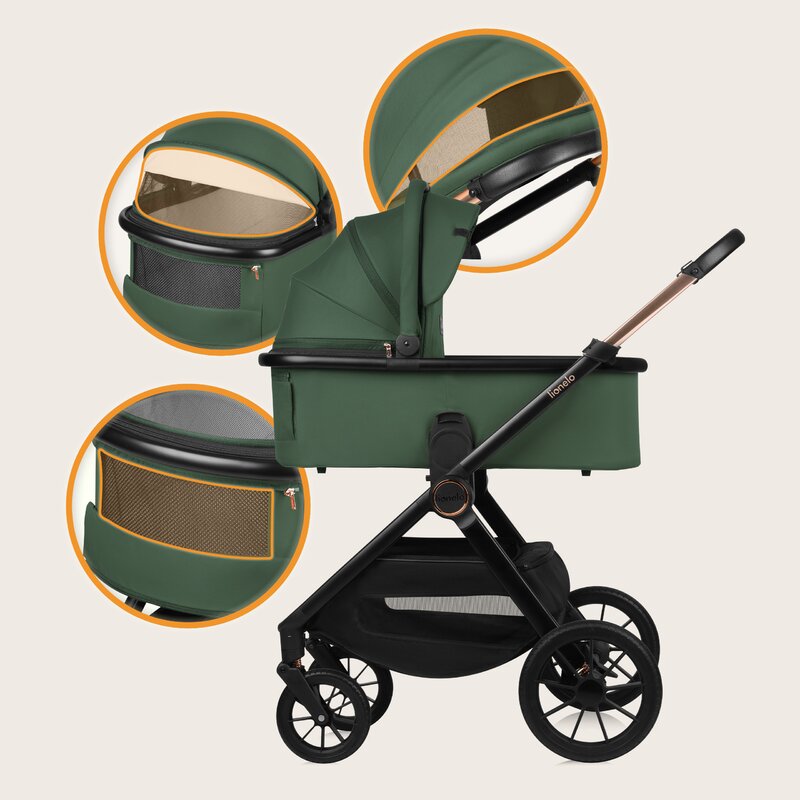 Carucior 2 in 1, Lionelo, Layla, Pana la 22 kg, Cadru aluminiu, Cu landou intarit si salteluta din spuma AirDots, Reversibil, Cu ventilatie 3D, Cu accesorii, EN1888-1, EN1888-2, EN1466, Verde
