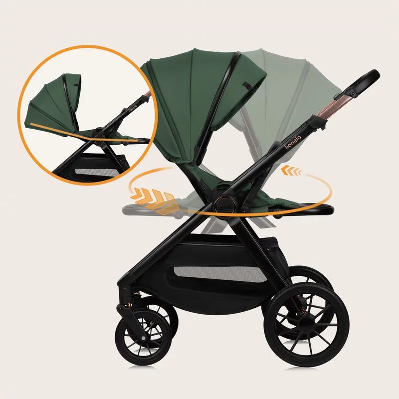 Carucior 2 in 1, Lionelo, Layla, Pana la 22 kg, Cadru aluminiu, Cu landou intarit si salteluta din spuma AirDots, Reversibil, Cu ventilatie 3D, Cu accesorii, EN1888-1, EN1888-2, EN1466, Verde