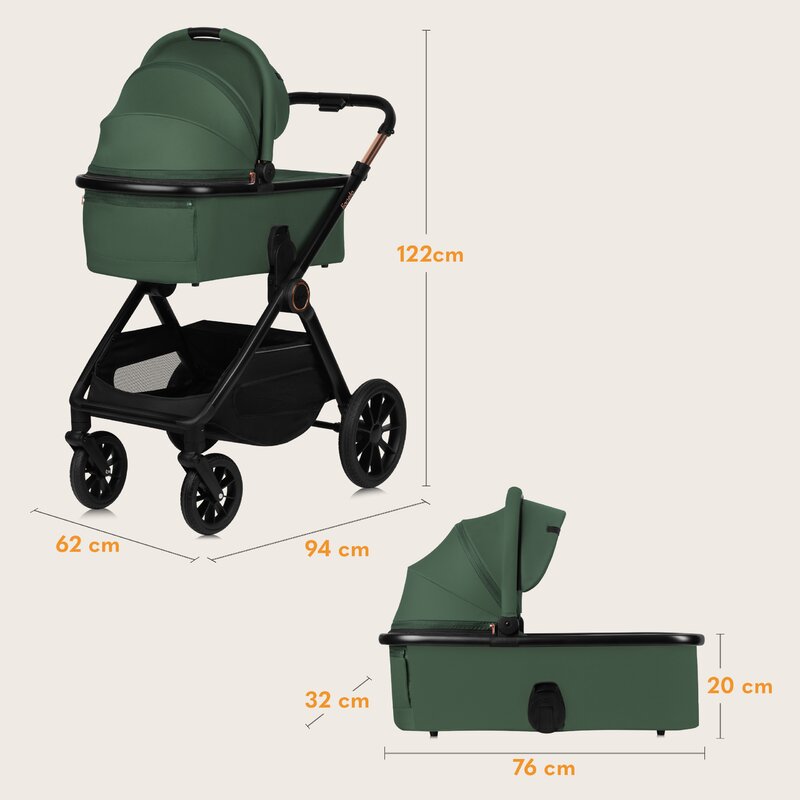 Carucior 2 in 1, Lionelo, Layla, Pana la 22 kg, Cadru aluminiu, Cu landou intarit si salteluta din spuma AirDots, Reversibil, Cu ventilatie 3D, Cu accesorii, EN1888-1, EN1888-2, EN1466, Verde - gogobaby.ro