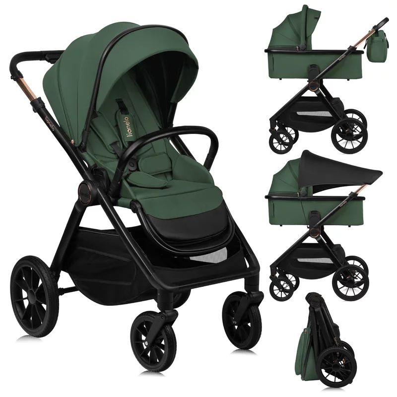 Carucior 2 in 1, Lionelo, Layla, Pana la 22 kg, Cadru aluminiu, Cu landou intarit si salteluta din spuma AirDots, Reversibil, Cu ventilatie 3D, Cu accesorii, EN1888-1, EN1888-2, EN1466, Verde