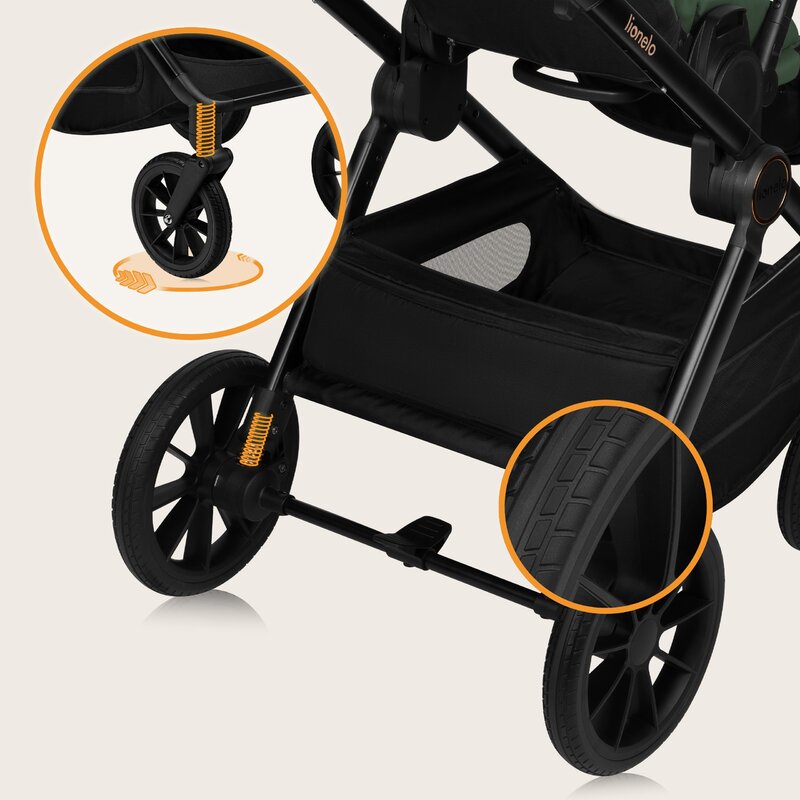 Carucior 2 in 1, Lionelo, Layla, Pana la 22 kg, Cadru aluminiu, Cu landou intarit si salteluta din spuma AirDots, Reversibil, Cu ventilatie 3D, Cu accesorii, EN1888-1, EN1888-2, EN1466, Verde