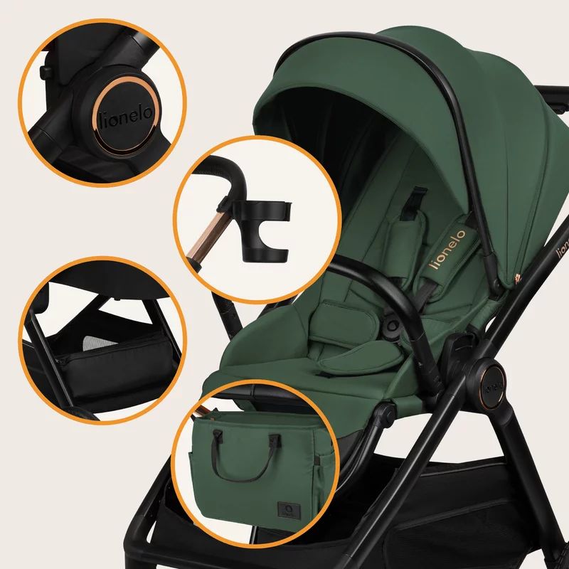Carucior 2 in 1, Lionelo, Layla, Pana la 22 kg, Cadru aluminiu, Cu landou intarit si salteluta din spuma AirDots, Reversibil, Cu ventilatie 3D, Cu accesorii, EN1888-1, EN1888-2, EN1466, Verde