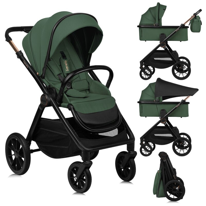 Carucior 2 in 1, Lionelo, Layla, Pana la 22 kg, Cadru aluminiu, Cu landou intarit si salteluta din spuma AirDots, Reversibil, Cu ventilatie 3D, Cu accesorii, EN1888-1, EN1888-2, EN1466, Verde - gogobaby.ro