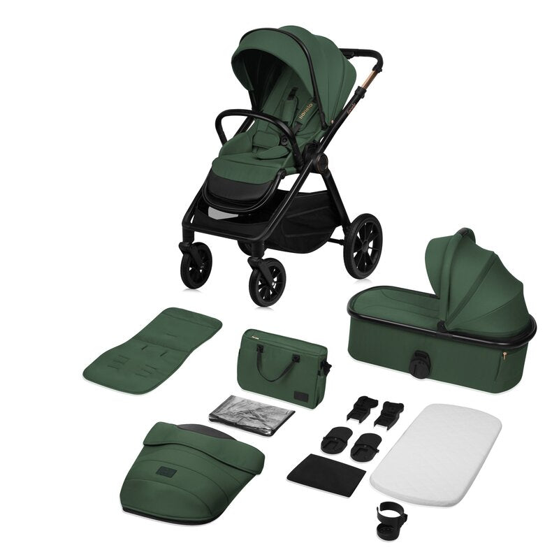Carucior 2 in 1, Lionelo, Layla, Pana la 22 kg, Cadru aluminiu, Cu landou intarit si salteluta din spuma AirDots, Reversibil, Cu ventilatie 3D, Cu accesorii, EN1888-1, EN1888-2, EN1466, Verde - gogobaby.ro