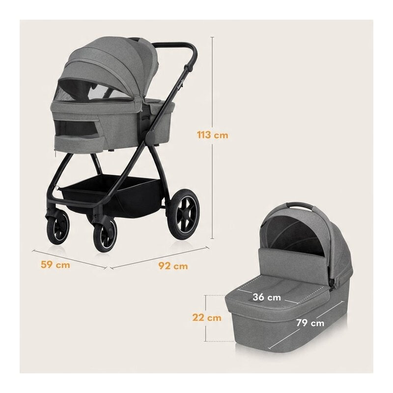 Carucior 2 in 1, Lionelo, Meril, Cu landou si scaun cu dimensiune XL, Reversibil, Cu sistem de ventilatie 3D, Cu accesorii, Pana la 22 kg, Conform cu EN1888-1 EN1888-2, EN1466, Gri