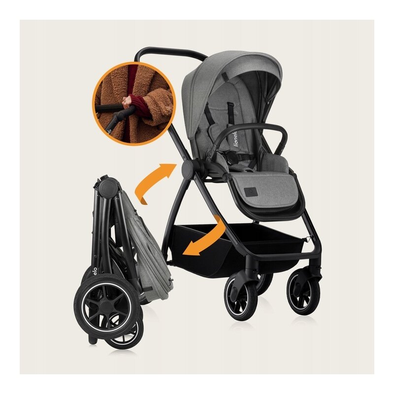 Carucior 2 in 1, Lionelo, Meril, Cu landou si scaun cu dimensiune XL, Reversibil, Cu sistem de ventilatie 3D, Cu accesorii, Pana la 22 kg, Conform cu EN1888-1 EN1888-2, EN1466, Gri
