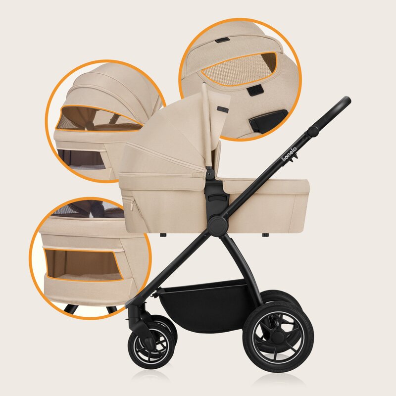 Carucior 2 in 1, Lionelo, Meril, Cu landou si scaun cu dimensiune XL, Reversibil, Cu sistem de ventilatie 3D, Cu accesorii, Pana la 22 kg, De la nastere, Conform cu EN1888-1 EN1888-2, EN1466, Bej