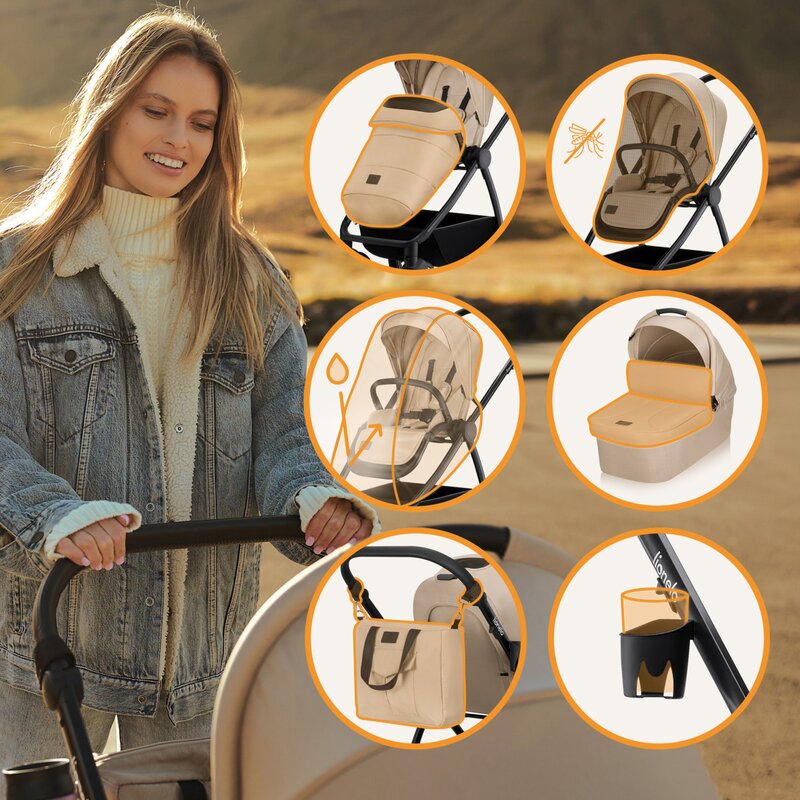 Carucior 2 in 1, Lionelo, Meril, Cu landou si scaun cu dimensiune XL, Reversibil, Cu sistem de ventilatie 3D, Cu accesorii, Pana la 22 kg, De la nastere, Conform cu EN1888-1 EN1888-2, EN1466, Bej