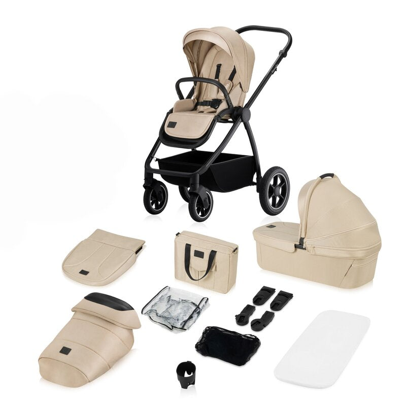 Carucior 2 in 1, Lionelo, Meril, Cu landou si scaun cu dimensiune XL, Reversibil, Cu sistem de ventilatie 3D, Cu accesorii, Pana la 22 kg, De la nastere, Conform cu EN1888-1 EN1888-2, EN1466, Bej