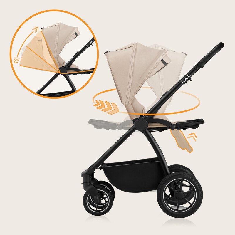 Carucior 2 in 1, Lionelo, Meril, Cu landou si scaun cu dimensiune XL, Reversibil, Cu sistem de ventilatie 3D, Cu accesorii, Pana la 22 kg, De la nastere, Conform cu EN1888-1 EN1888-2, EN1466, Bej