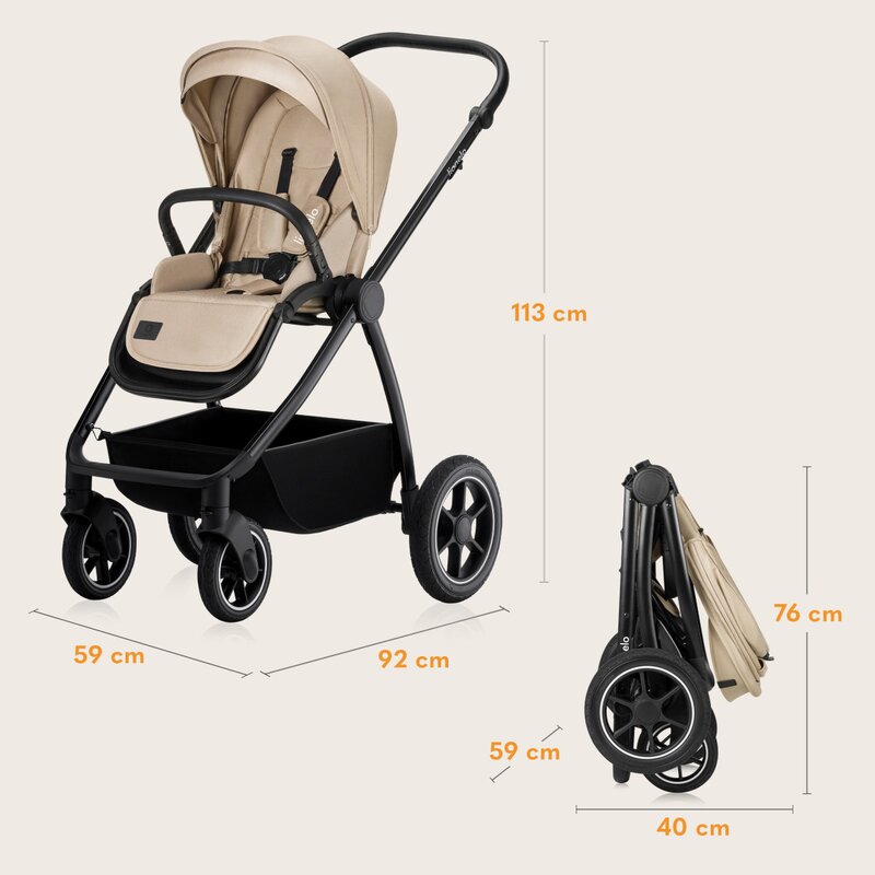 Carucior 2 in 1, Lionelo, Meril, Cu landou si scaun cu dimensiune XL, Reversibil, Cu sistem de ventilatie 3D, Cu accesorii, Pana la 22 kg, De la nastere, Conform cu EN1888-1 EN1888-2, EN1466, Bej
