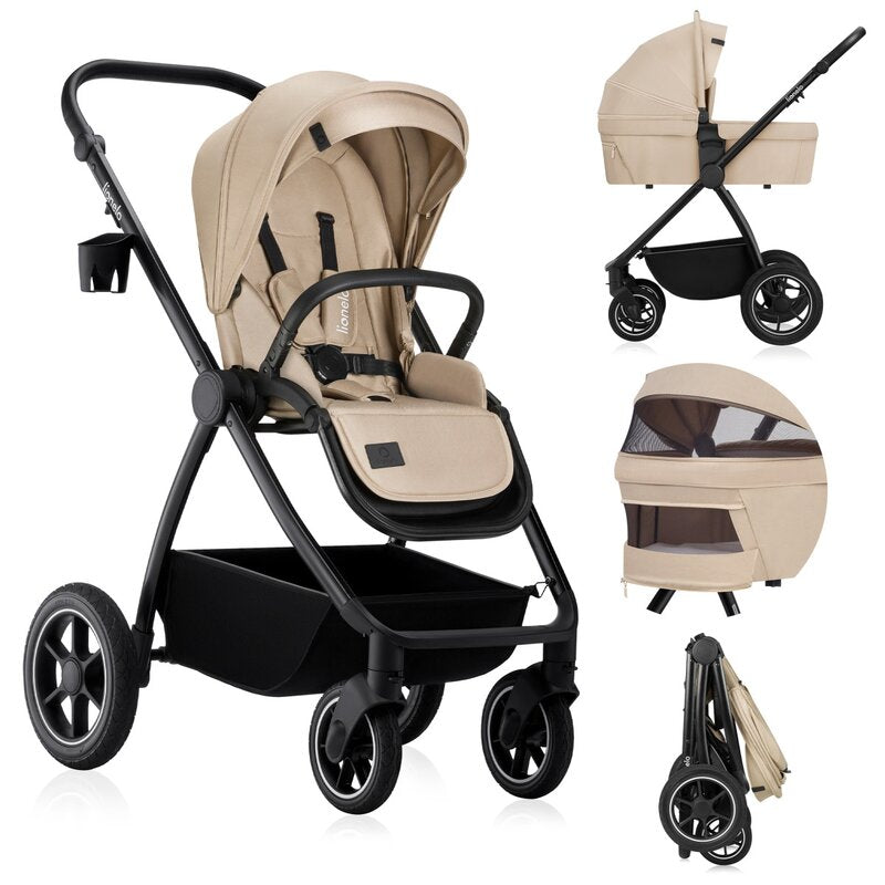 Carucior 2 in 1, Lionelo, Meril, Cu landou si scaun cu dimensiune XL, Reversibil, Cu sistem de ventilatie 3D, Cu accesorii, Pana la 22 kg, De la nastere, Conform cu EN1888-1 EN1888-2, EN1466, Bej