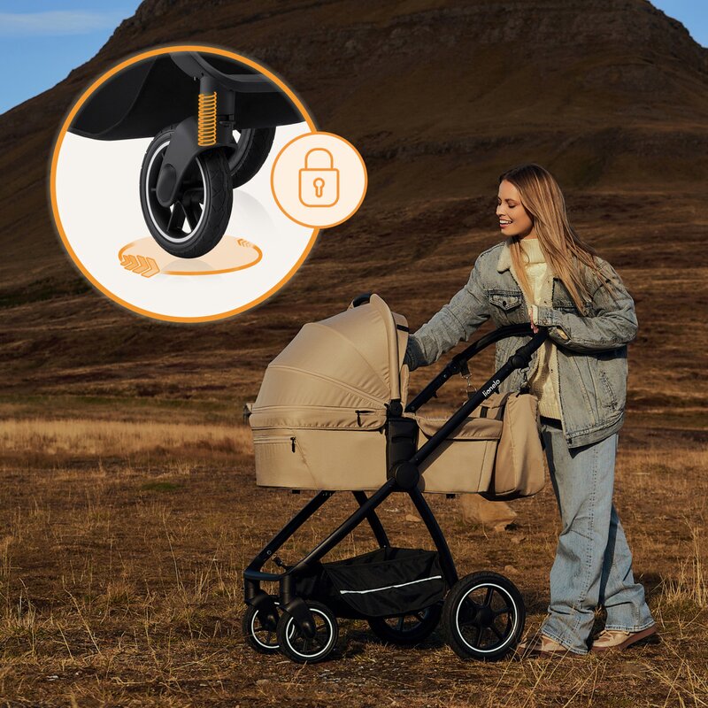 Carucior 2 in 1, Lionelo, Meril, Cu landou si scaun cu dimensiune XL, Reversibil, Cu sistem de ventilatie 3D, Cu accesorii, Pana la 22 kg, De la nastere, Conform cu EN1888-1 EN1888-2, EN1466, Bej